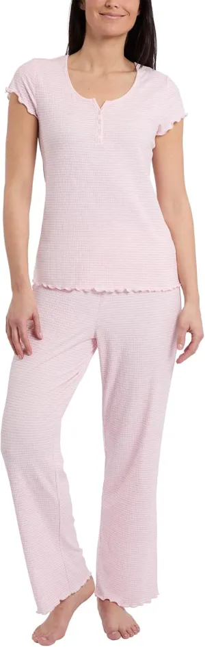 Laura Ashley Women's Pajamas 2 Piece Ribbed Knit Short Sleeve Henley Top and Pants PJ Set