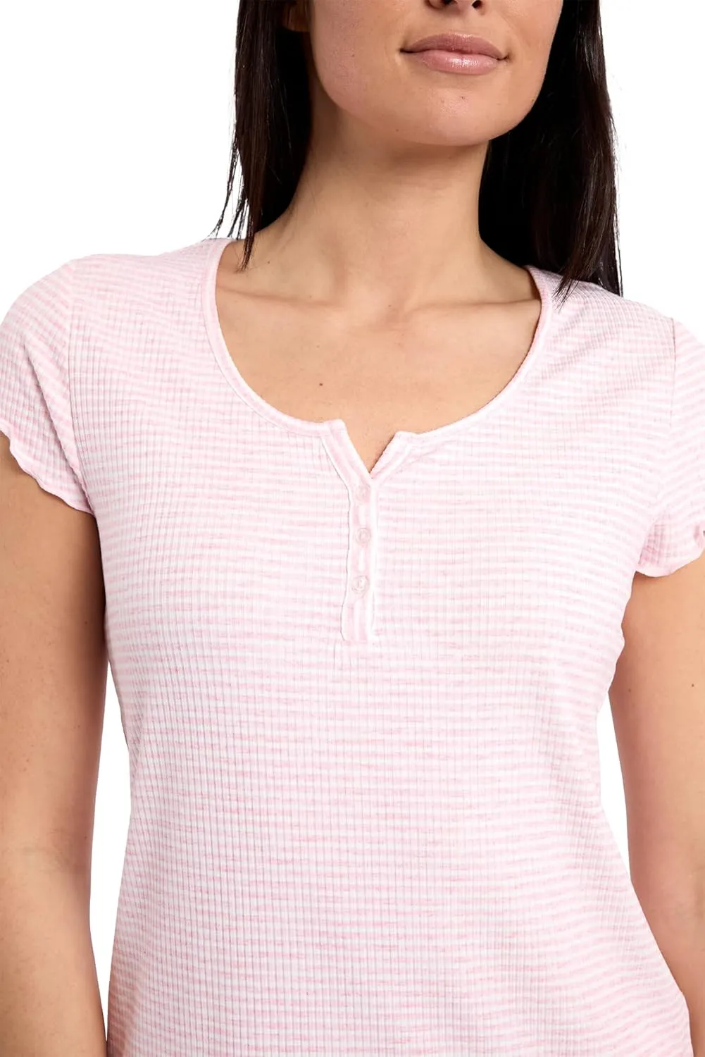 Laura Ashley Women's Pajamas 2 Piece Ribbed Knit Short Sleeve Henley Top and Pants PJ Set