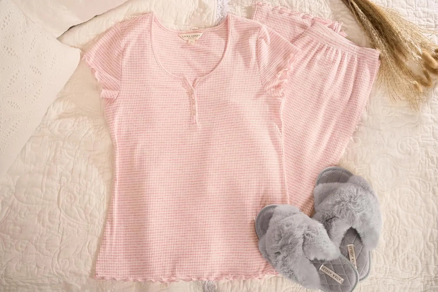 Laura Ashley Women's Pajamas 2 Piece Ribbed Knit Short Sleeve Henley Top and Pants PJ Set