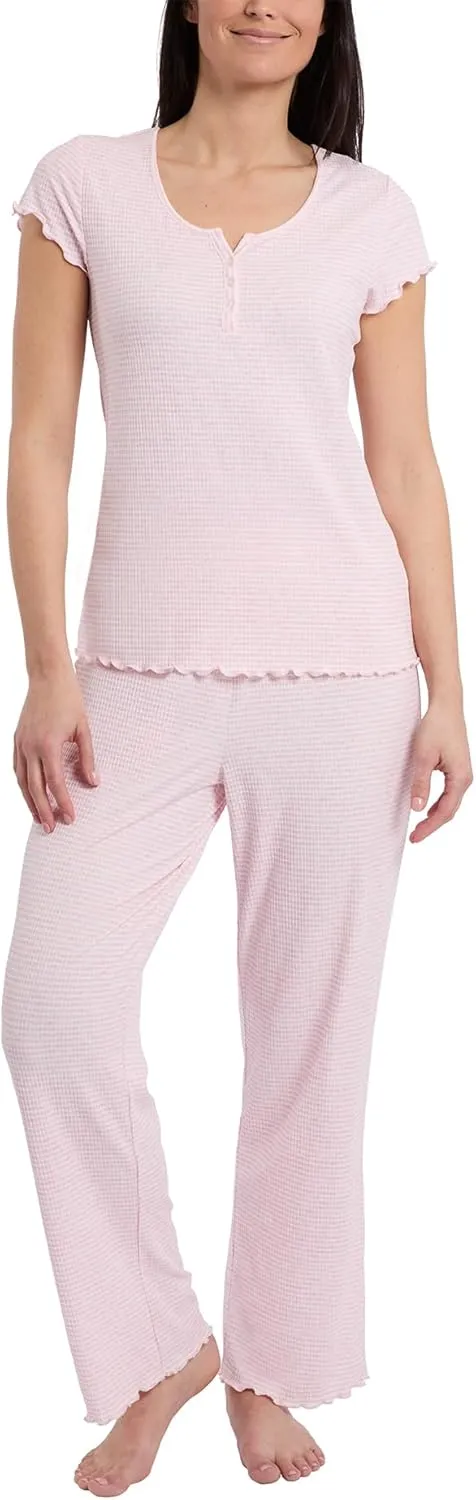 Laura Ashley Women's Pajamas 2 Piece Ribbed Knit Short Sleeve Henley Top and Pants PJ Set