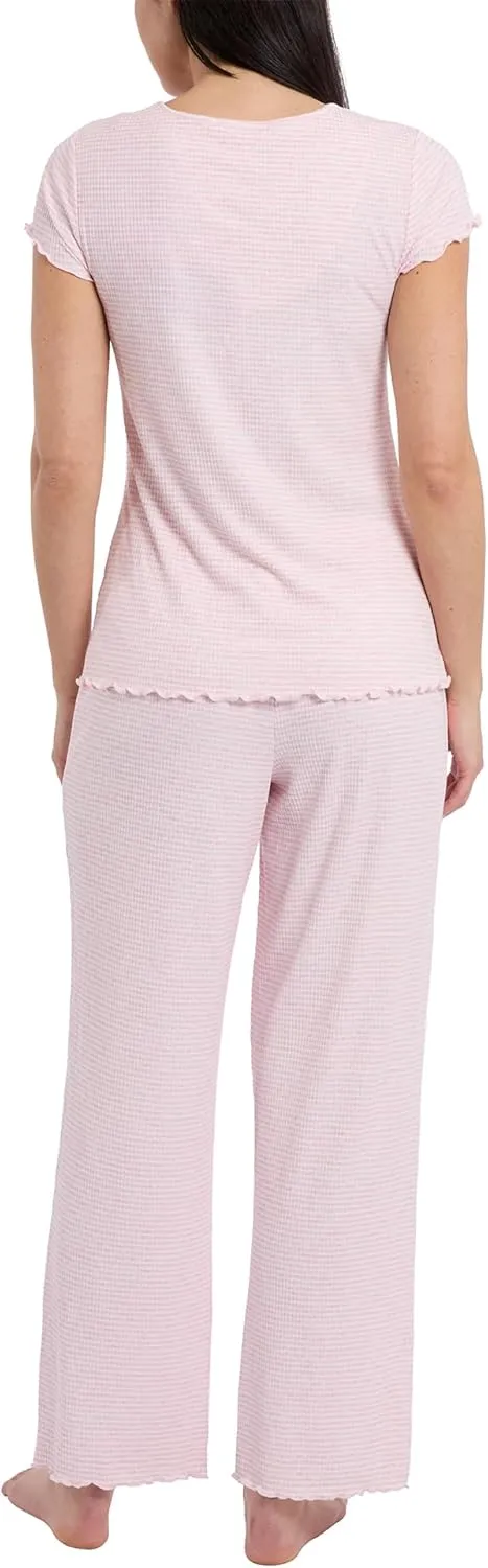 Laura Ashley Women's Pajamas 2 Piece Ribbed Knit Short Sleeve Henley Top and Pants PJ Set