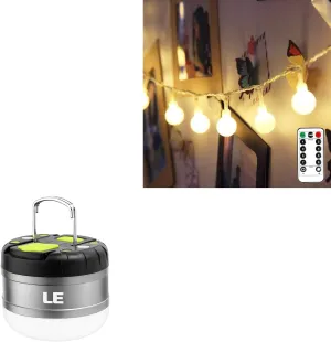 LE Bundle - Mini Hanging Tent Lantern Rechargeable & 16.4 ft 50 LED Globe Hanging String Lights Battery Operated