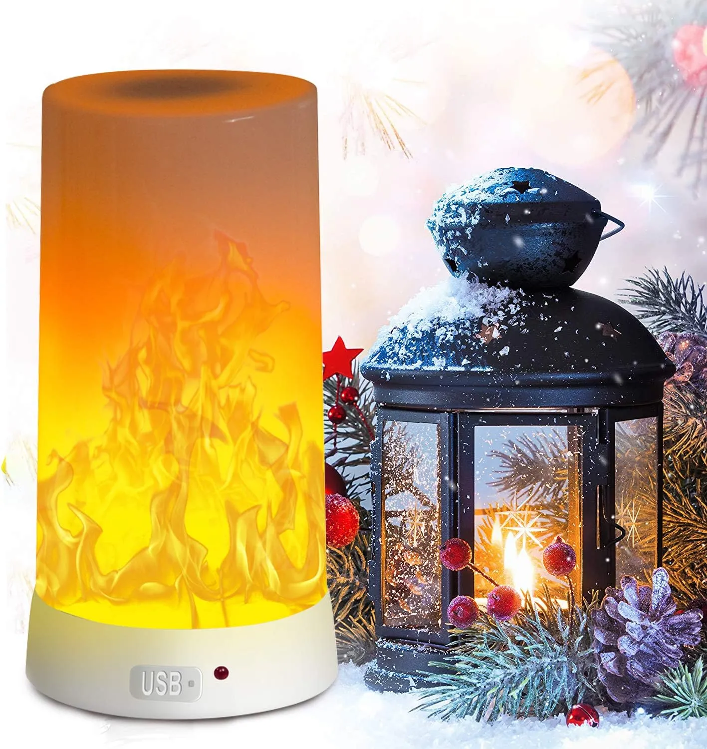 LED Flame Effect Light, Flame Lamp 4 Modes USB Rechargeable Fire Lights Indoor Campfire Outdoor Decorative Lantern Hanging Lamps Fireplace Romantic Light for Home Party Camping Bar