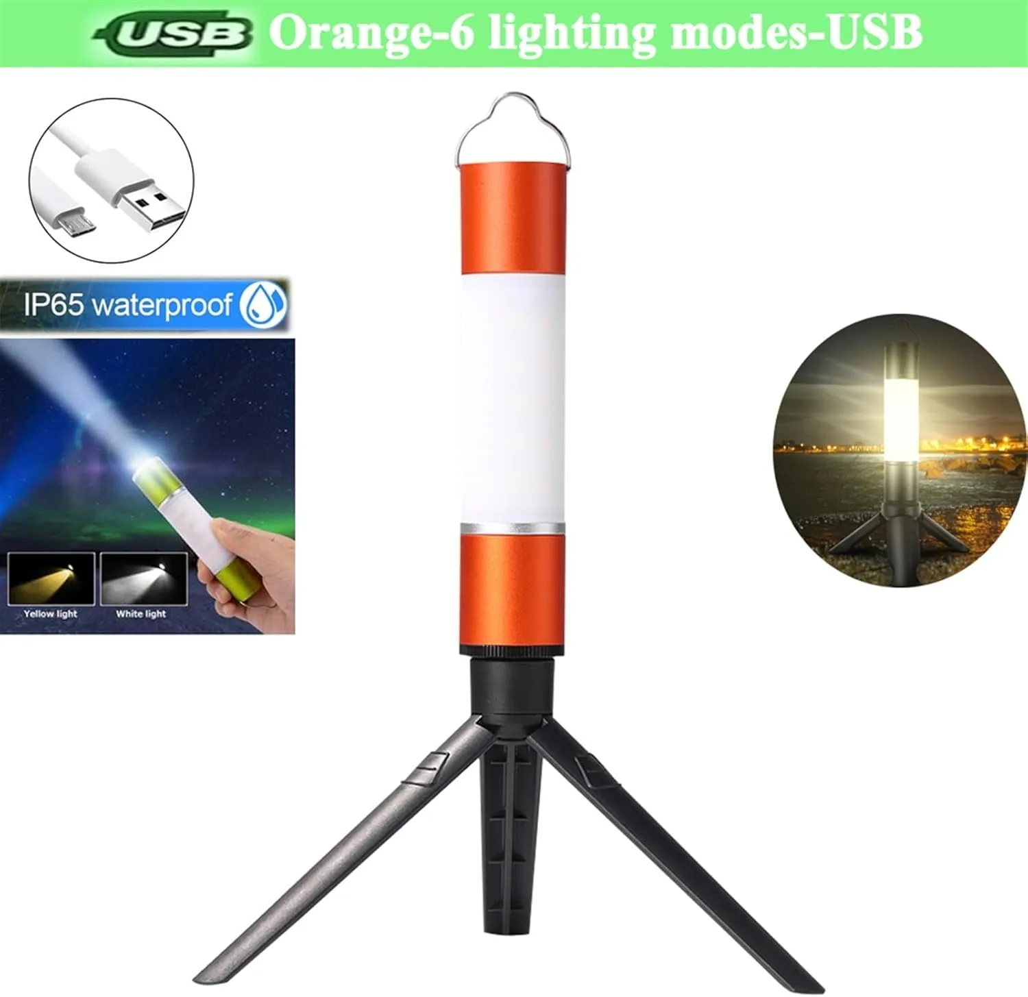 LED Telescopic Flashlight USB Rechargeable with Tripod Zoomable LED Torch Camping Tent Lamp Outdoor Night Light Hanging Lantern(Orange - with Stand)