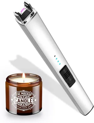 Lighter Candle Lighter, Electric Lighter USB Rechargeable Lighters Have Triple Safety and LED Battery Display, Windproof Flameless Plasma Arc Lighter for Candle Camping Kitchen Grill (Silver)