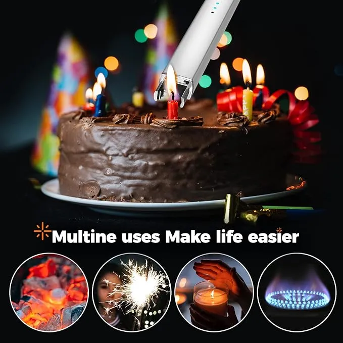Lighter Candle Lighter, Electric Lighter USB Rechargeable Lighters Have Triple Safety and LED Battery Display, Windproof Flameless Plasma Arc Lighter for Candle Camping Kitchen Grill (Silver)