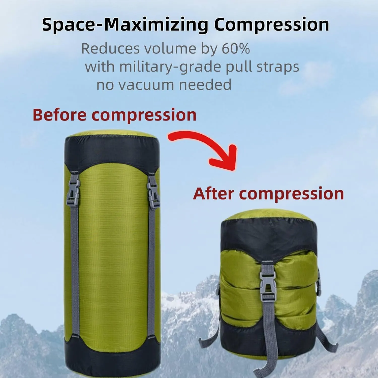 Lightweight Compression Sack,11L/18L/30L/45L/52L,Lightweight Sleeping Bag Compression Sack Great for Backpacking, Hiking and Camping,Black/Green.
