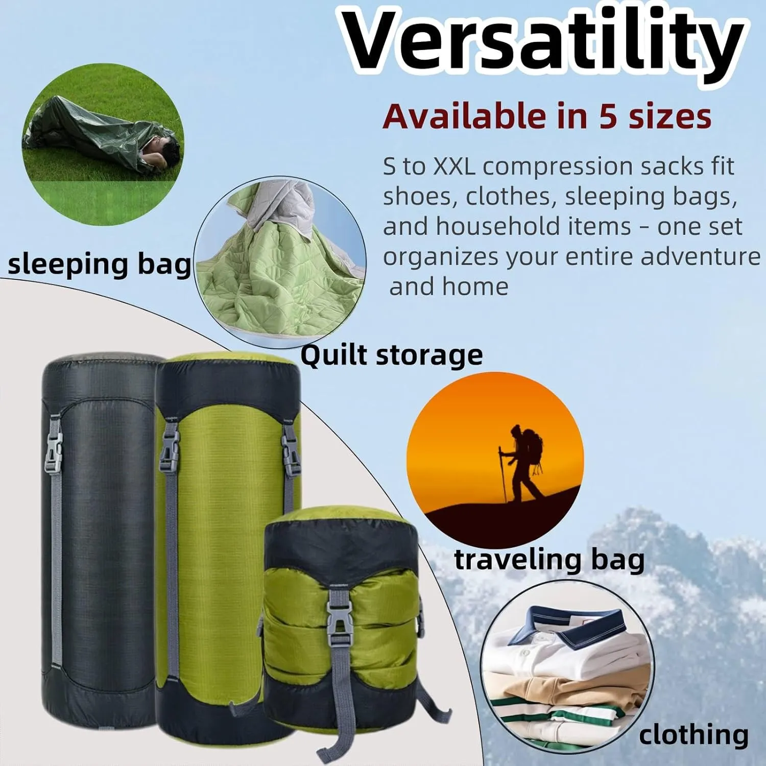 Lightweight Compression Sack,11L/18L/30L/45L/52L,Lightweight Sleeping Bag Compression Sack Great for Backpacking, Hiking and Camping,Black/Green.