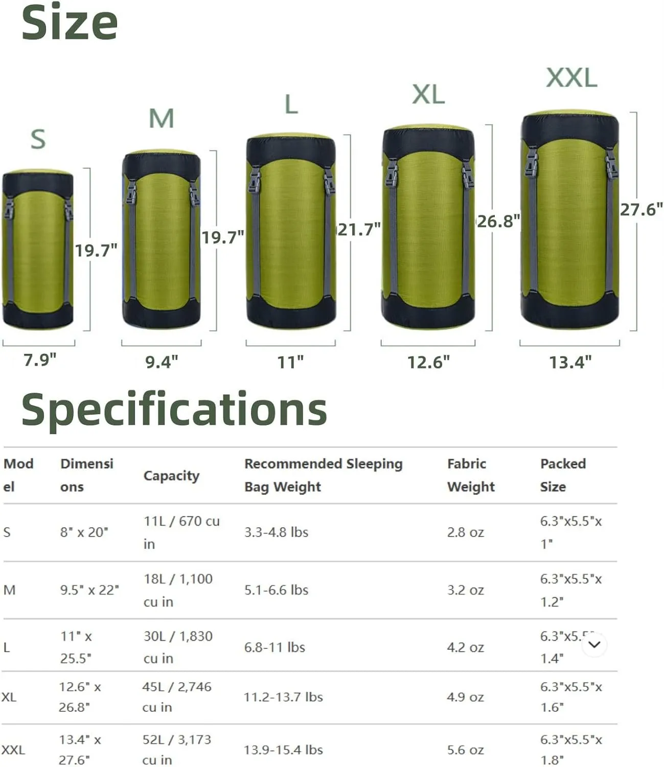 Lightweight Compression Sack,11L/18L/30L/45L/52L,Lightweight Sleeping Bag Compression Sack Great for Backpacking, Hiking and Camping,Black/Green.