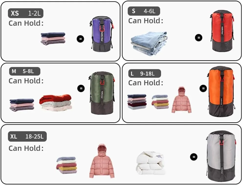 Lightweight Compression Stuff Sack, 5pcs Lightweight Compression Stuff Sack Water Proof Polyester Sleeping Bag for Camping Hiking Backpacking