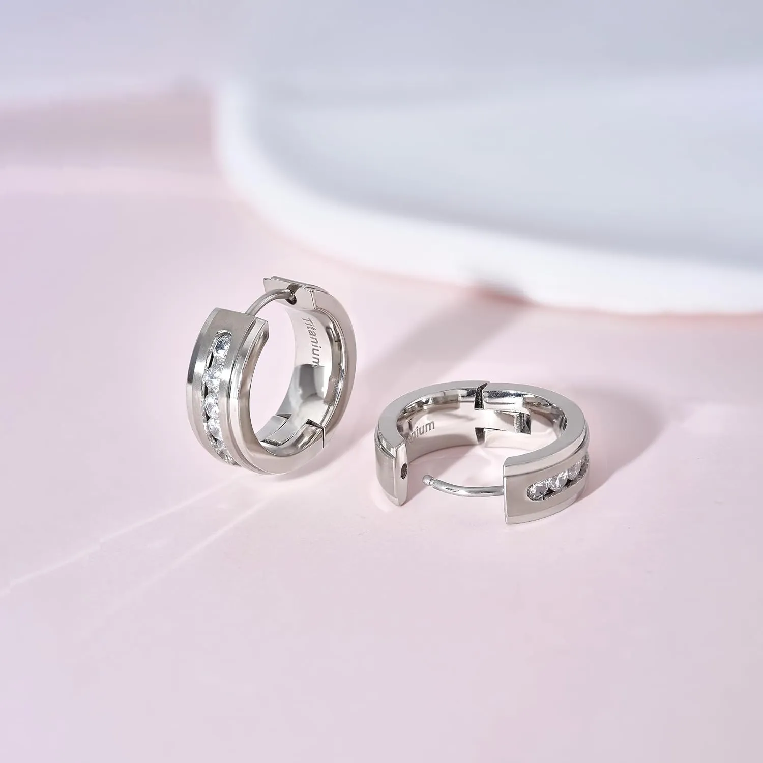 Limerencia G23 Pure Titanium Hypoallergenic Chunky Wide Hoop Earrings，Thick Lightweight Huggies Pave 5A grade CZ Sparkly for Sensitive Ears
