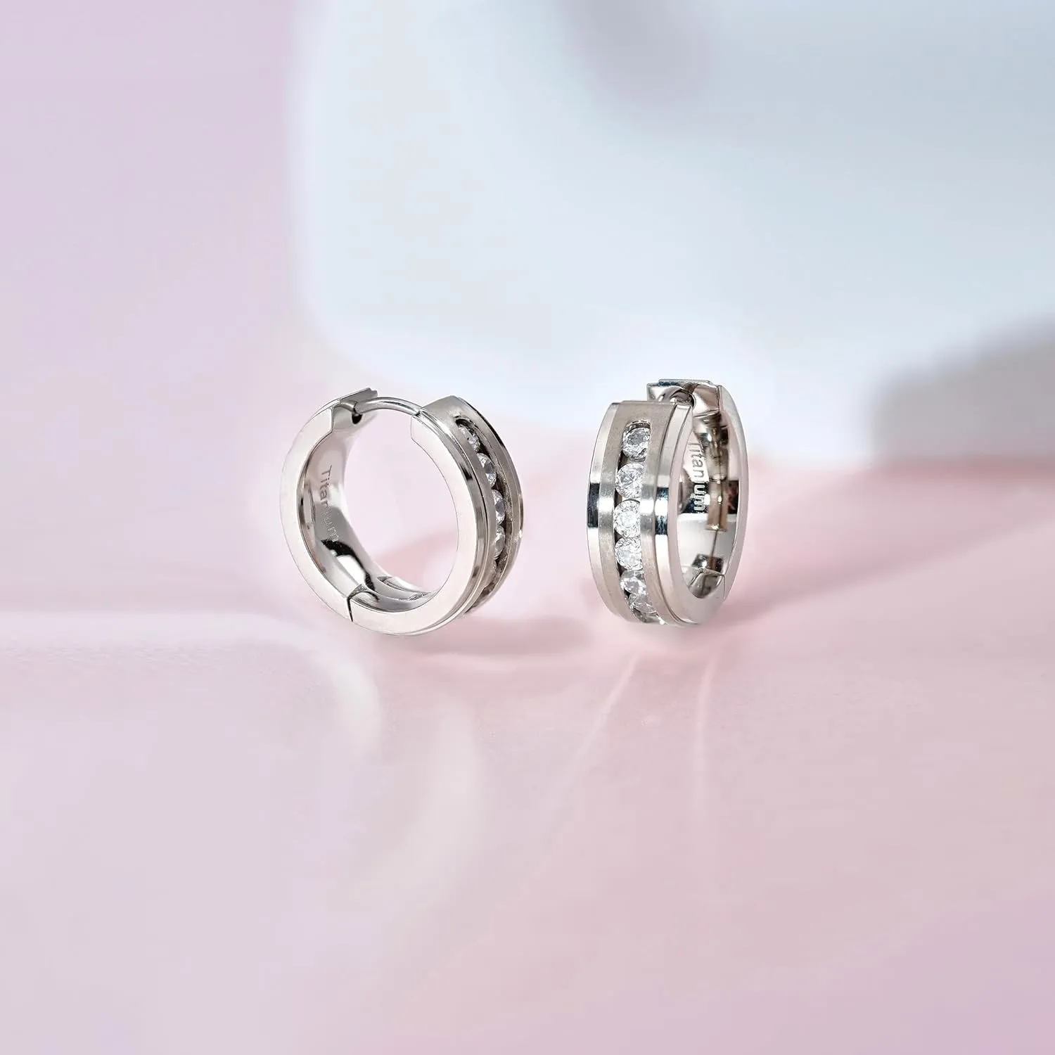 Limerencia G23 Pure Titanium Hypoallergenic Chunky Wide Hoop Earrings，Thick Lightweight Huggies Pave 5A grade CZ Sparkly for Sensitive Ears