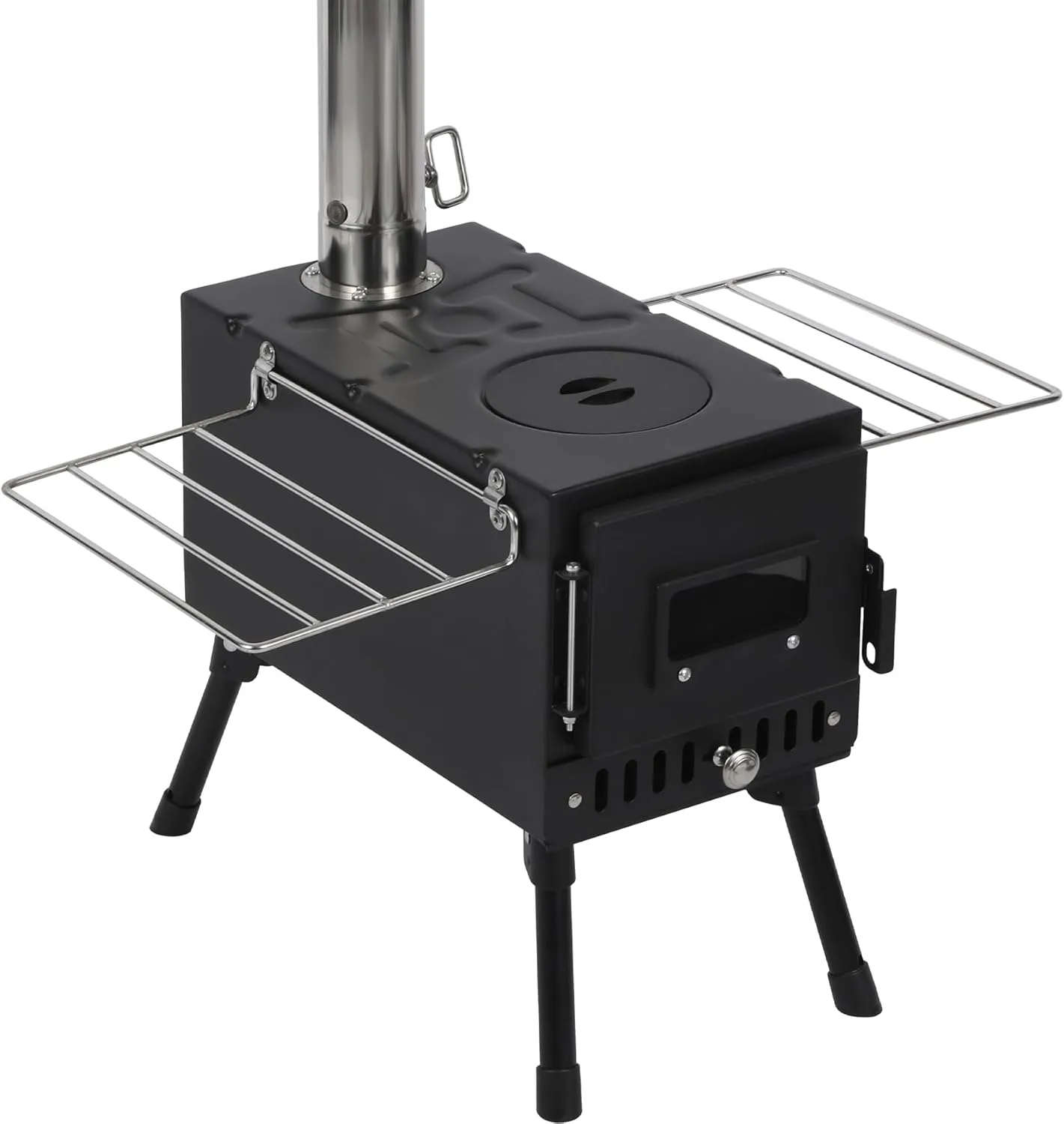 Lineslife Hot Tent Stove Wood Burning with Glass, Portable Camping Wood Stove with Windproof Chimney for Tent Shelter Outdoor Cooking Heating, Black
