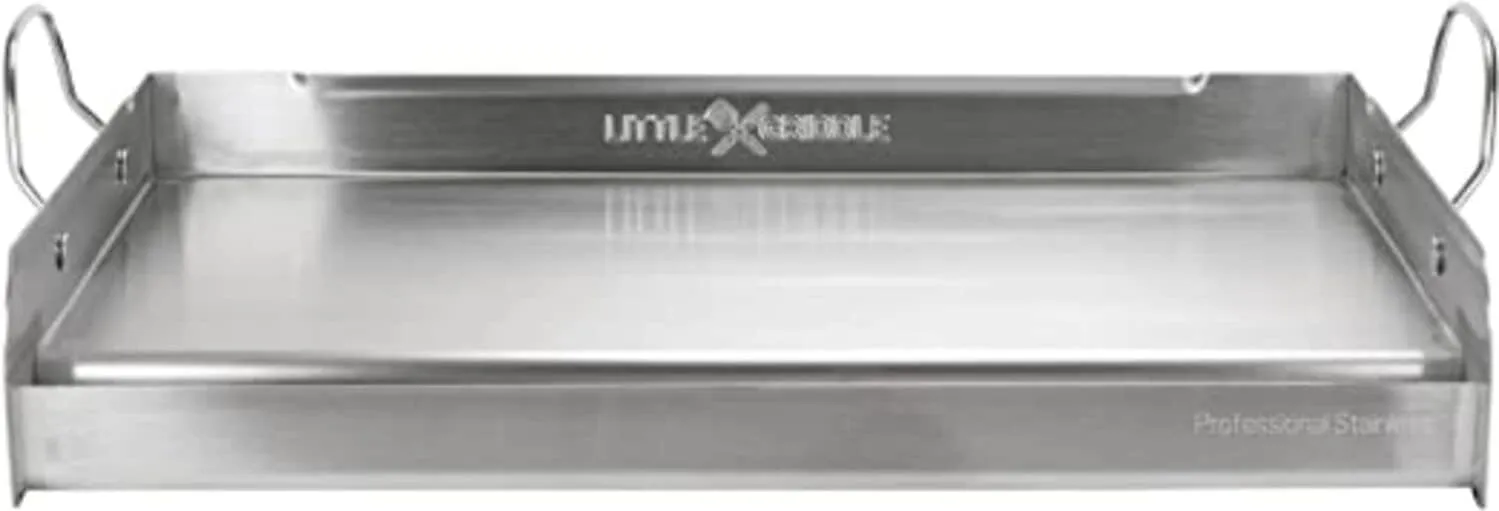 LITTLE GRIDDLE 100% Stainless Steel Griddle with Even Heat Cross Bracing and Removable Handles - For Grills, Camping, Tailgating, Silver