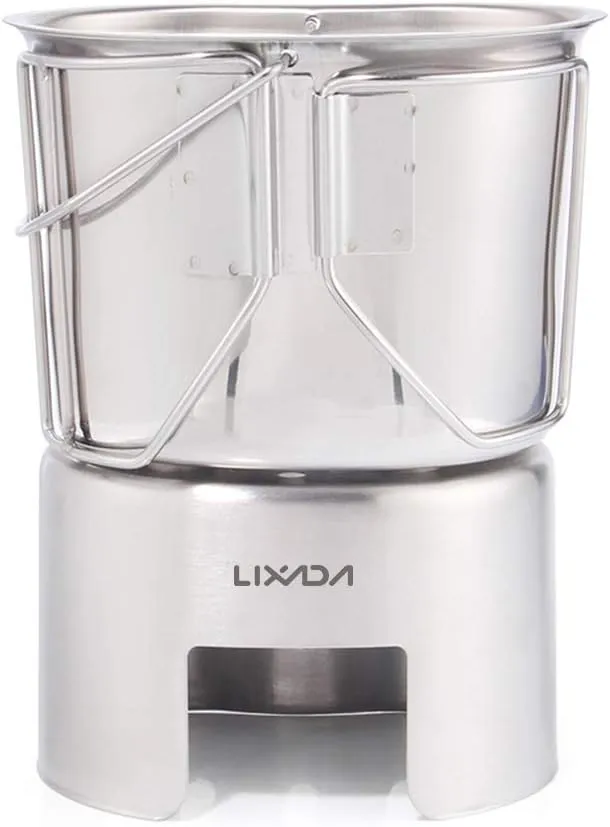 Lixada Camping Cookware Stainless Steel Canteen Cup Hanging Pot with Wood Stove Set for Outdoor Survival Backpacking Hiking Picnic