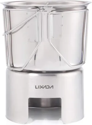 Lixada Camping Cookware Stainless Steel Canteen Cup Hanging Pot with Wood Stove Set for Outdoor Survival Backpacking Hiking Picnic