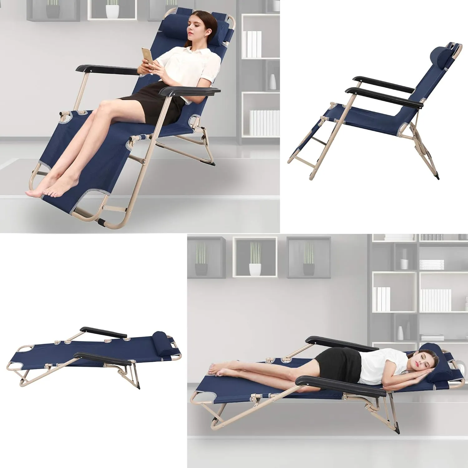 LUCKYERMORE 2 Pack Beach Outdoor Lounge Chairs, Tanning Lounge Chair and Full Flat Cot 2 in 1, Folding Reclining Chairs for Outdoor Lawn Beach Pool Camping, 60" L x 19 W, Dark Blue