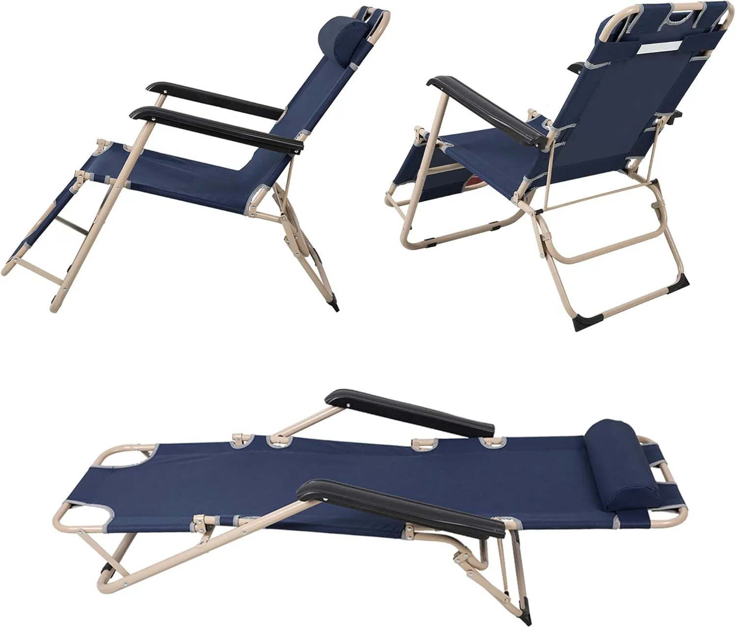 LUCKYERMORE 2 Pack Beach Outdoor Lounge Chairs, Tanning Lounge Chair and Full Flat Cot 2 in 1, Folding Reclining Chairs for Outdoor Lawn Beach Pool Camping, 60" L x 19 W, Dark Blue