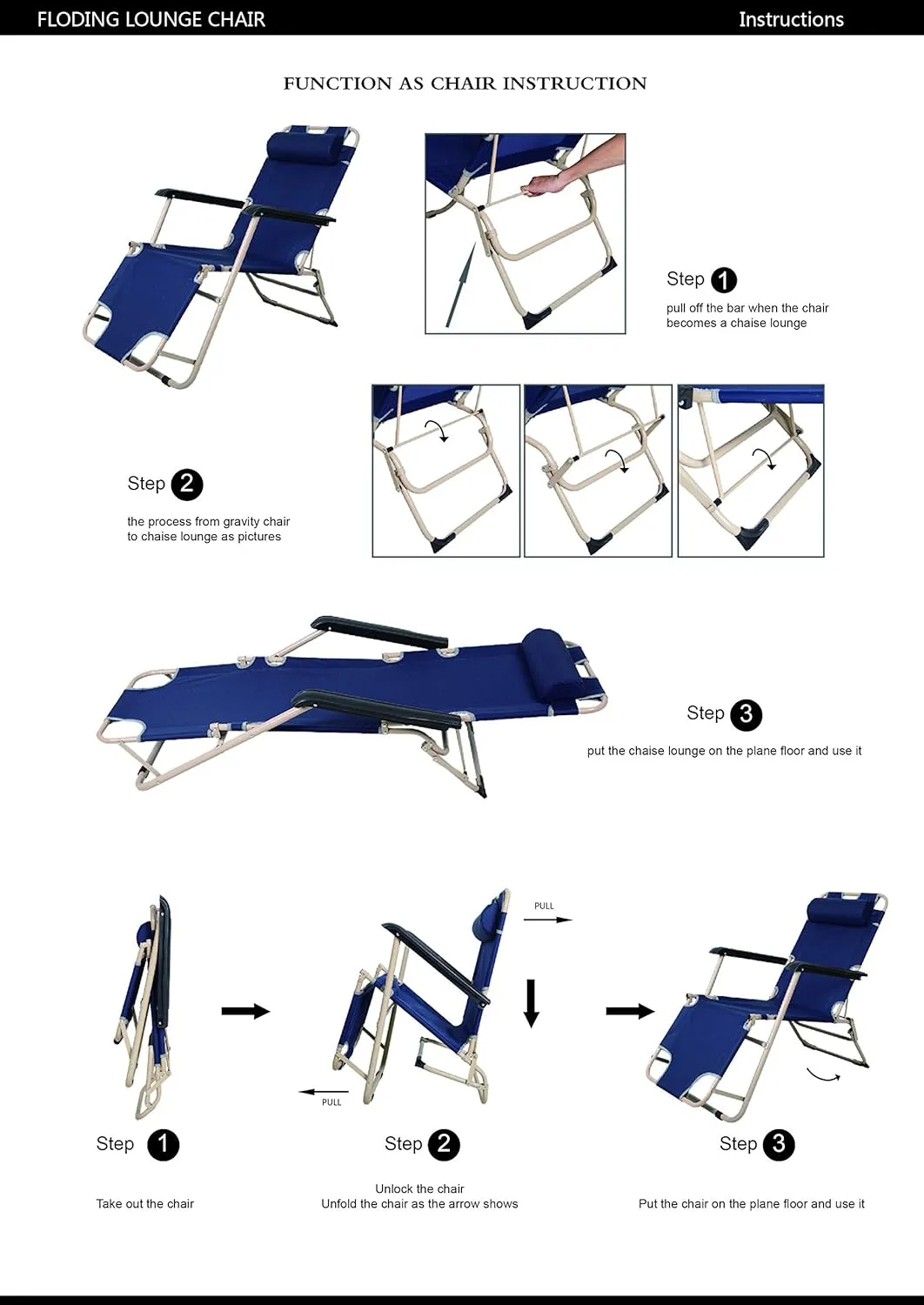 LUCKYERMORE 2 Pack Beach Outdoor Lounge Chairs, Tanning Lounge Chair and Full Flat Cot 2 in 1, Folding Reclining Chairs for Outdoor Lawn Beach Pool Camping, 60" L x 19 W, Dark Blue