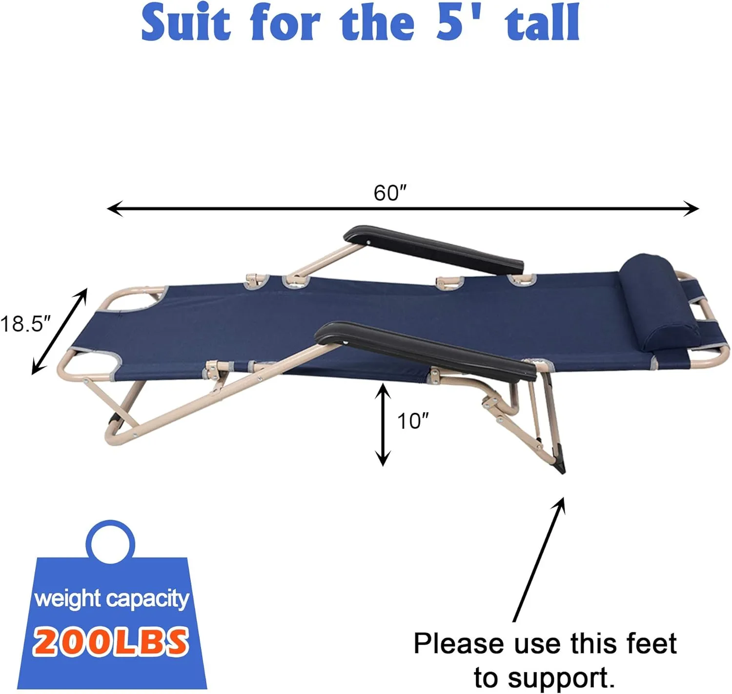 LUCKYERMORE 2 Pack Beach Outdoor Lounge Chairs, Tanning Lounge Chair and Full Flat Cot 2 in 1, Folding Reclining Chairs for Outdoor Lawn Beach Pool Camping, 60" L x 19 W, Dark Blue