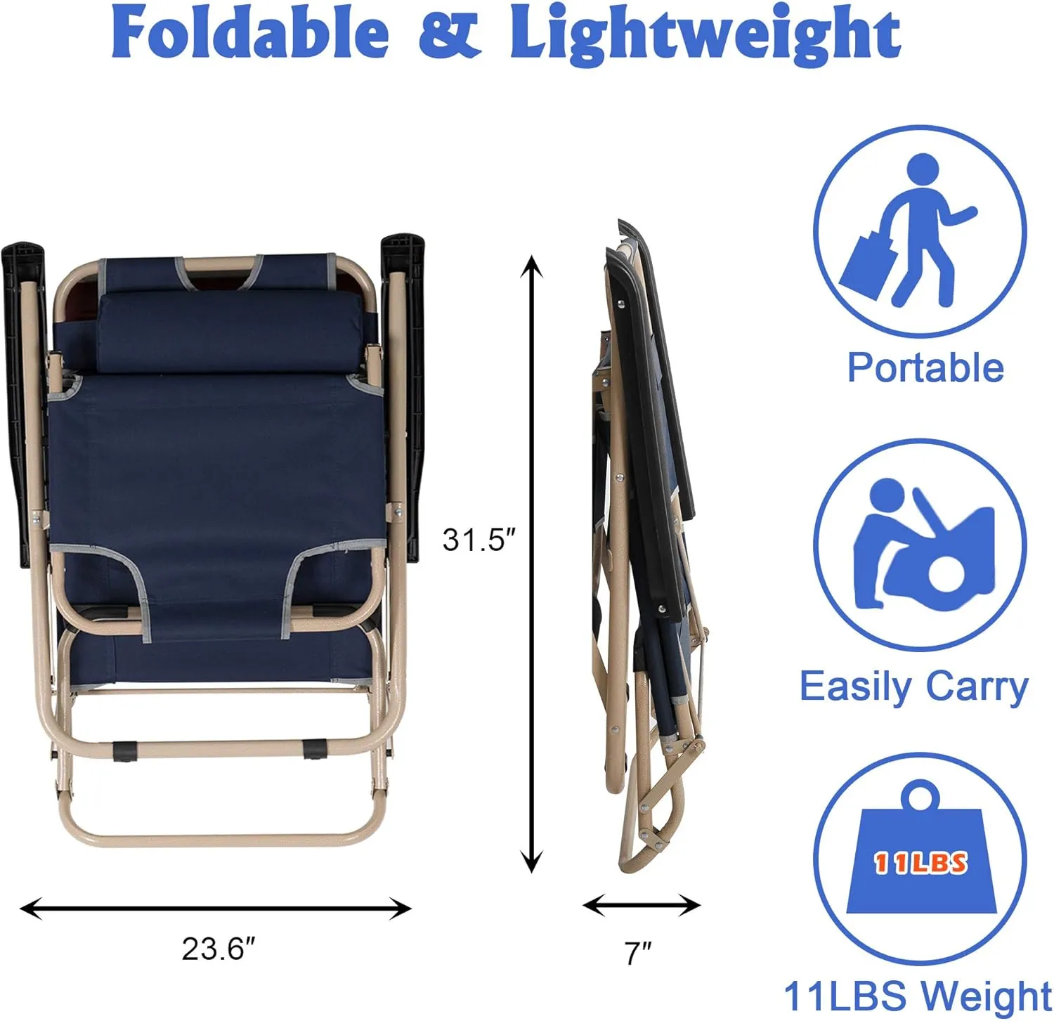 LUCKYERMORE 2 Pack Beach Outdoor Lounge Chairs, Tanning Lounge Chair and Full Flat Cot 2 in 1, Folding Reclining Chairs for Outdoor Lawn Beach Pool Camping, 60" L x 19 W, Dark Blue