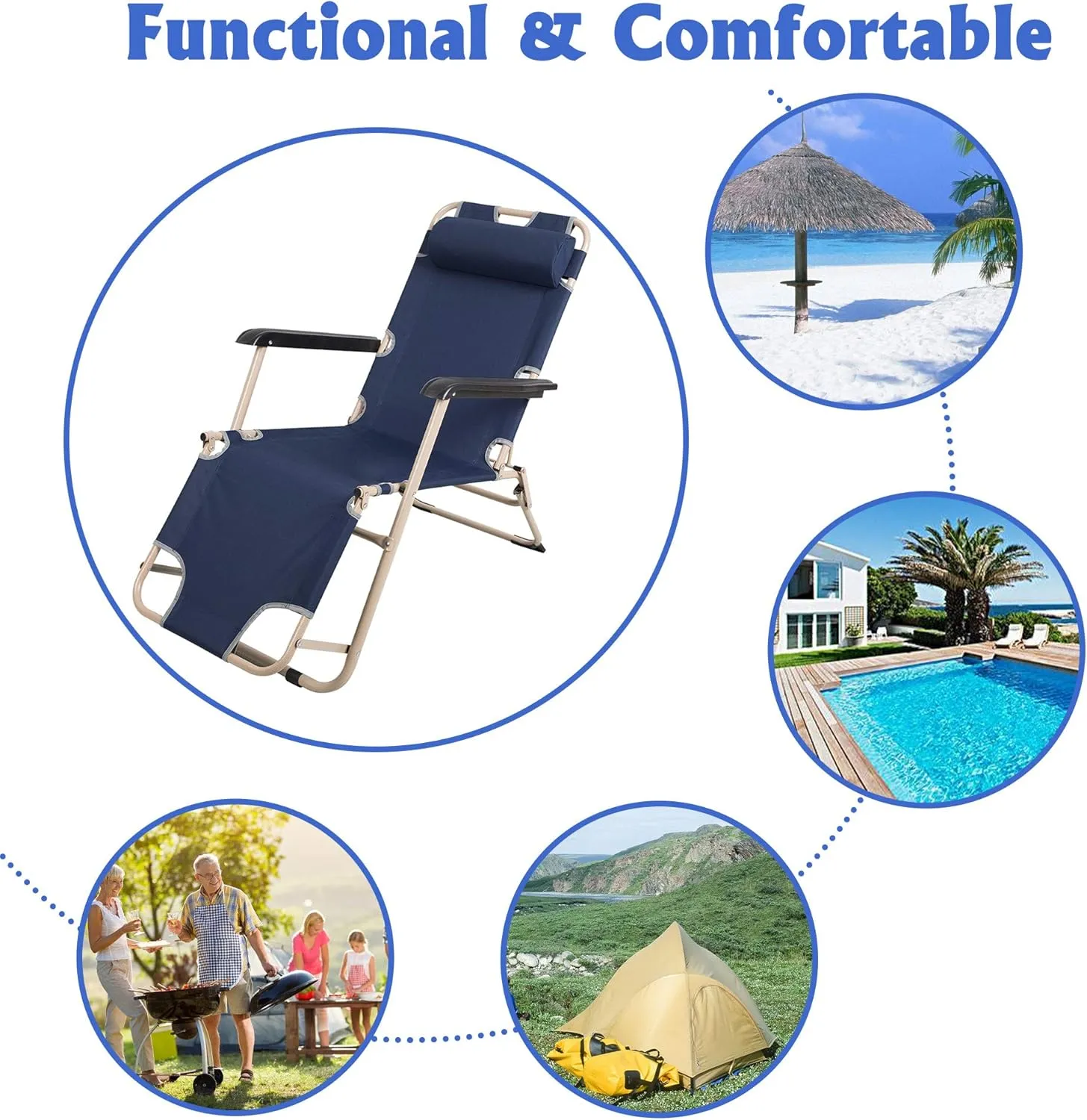 LUCKYERMORE 2 Pack Beach Outdoor Lounge Chairs, Tanning Lounge Chair and Full Flat Cot 2 in 1, Folding Reclining Chairs for Outdoor Lawn Beach Pool Camping, 60" L x 19 W, Dark Blue