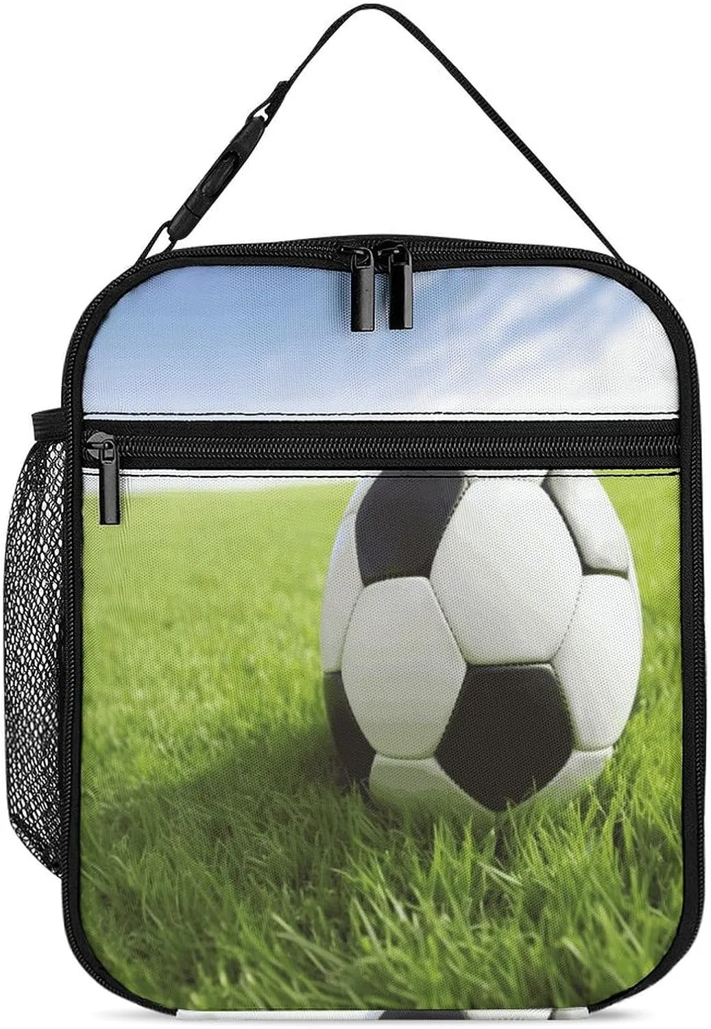 Lunch Box Cooler Insulated Lunch Bag Reusable Soccer Ball On Grassy Printing Lunch Carrier For Women And Men