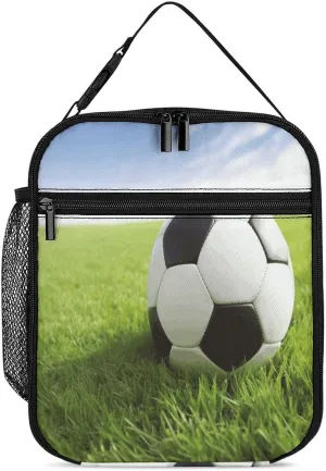 Lunch Box Cooler Insulated Lunch Bag Reusable Soccer Ball On Grassy Printing Lunch Carrier For Women And Men