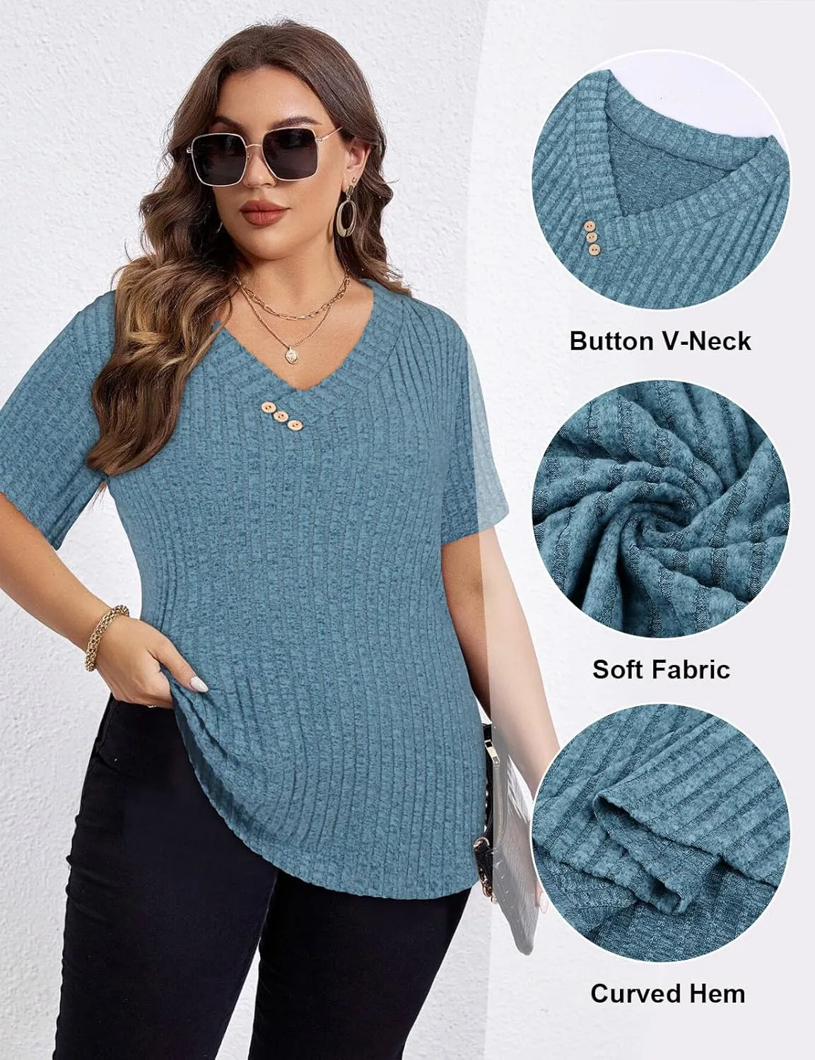 LURANEE Womens Plus Size Tunic Tops Summer Short Sleeve Casual Shirts Lightweight V Neck Blouses 1XL-5XL