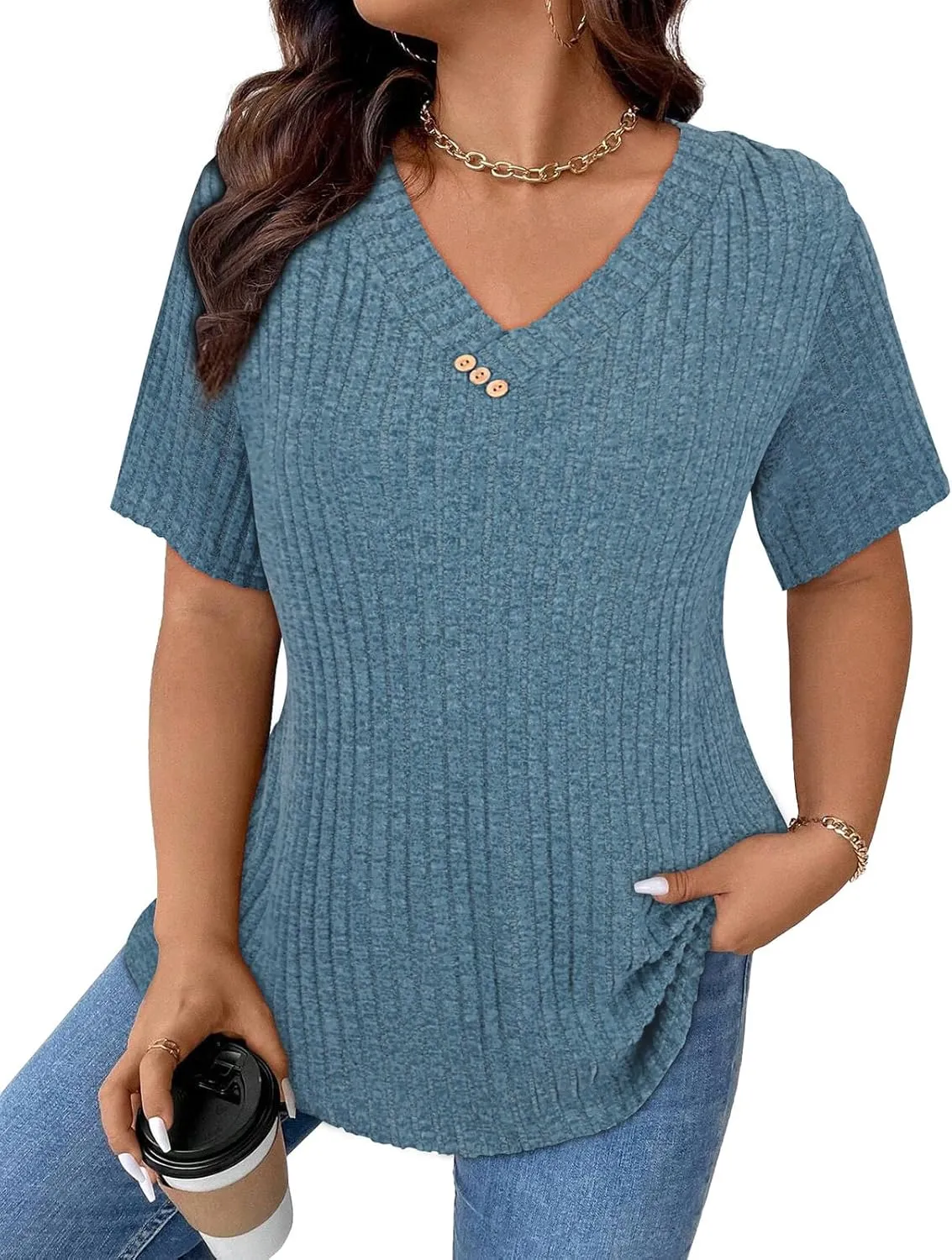 LURANEE Womens Plus Size Tunic Tops Summer Short Sleeve Casual Shirts Lightweight V Neck Blouses 1XL-5XL