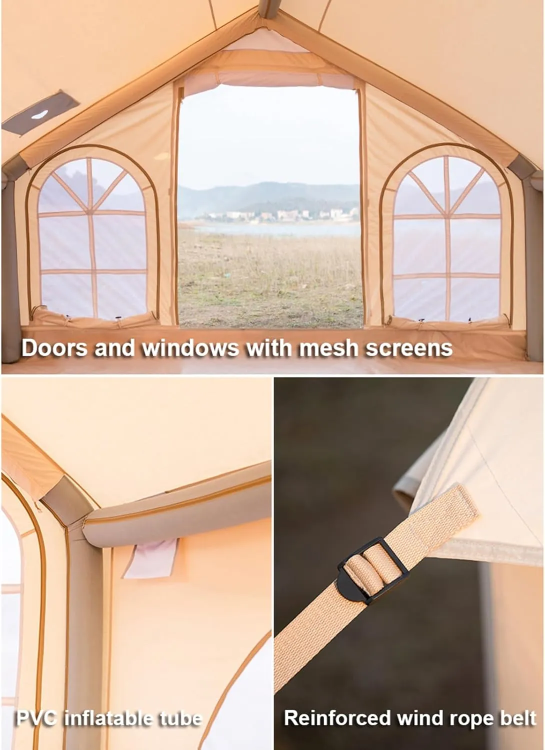 Luxury Inflatable Camping Tent House 5-8 Person with Mesh Windows & Doors Hot Tent with Stove Jack - 4 Season Family Glamping Tents - Air Blow Up Tent Cabin