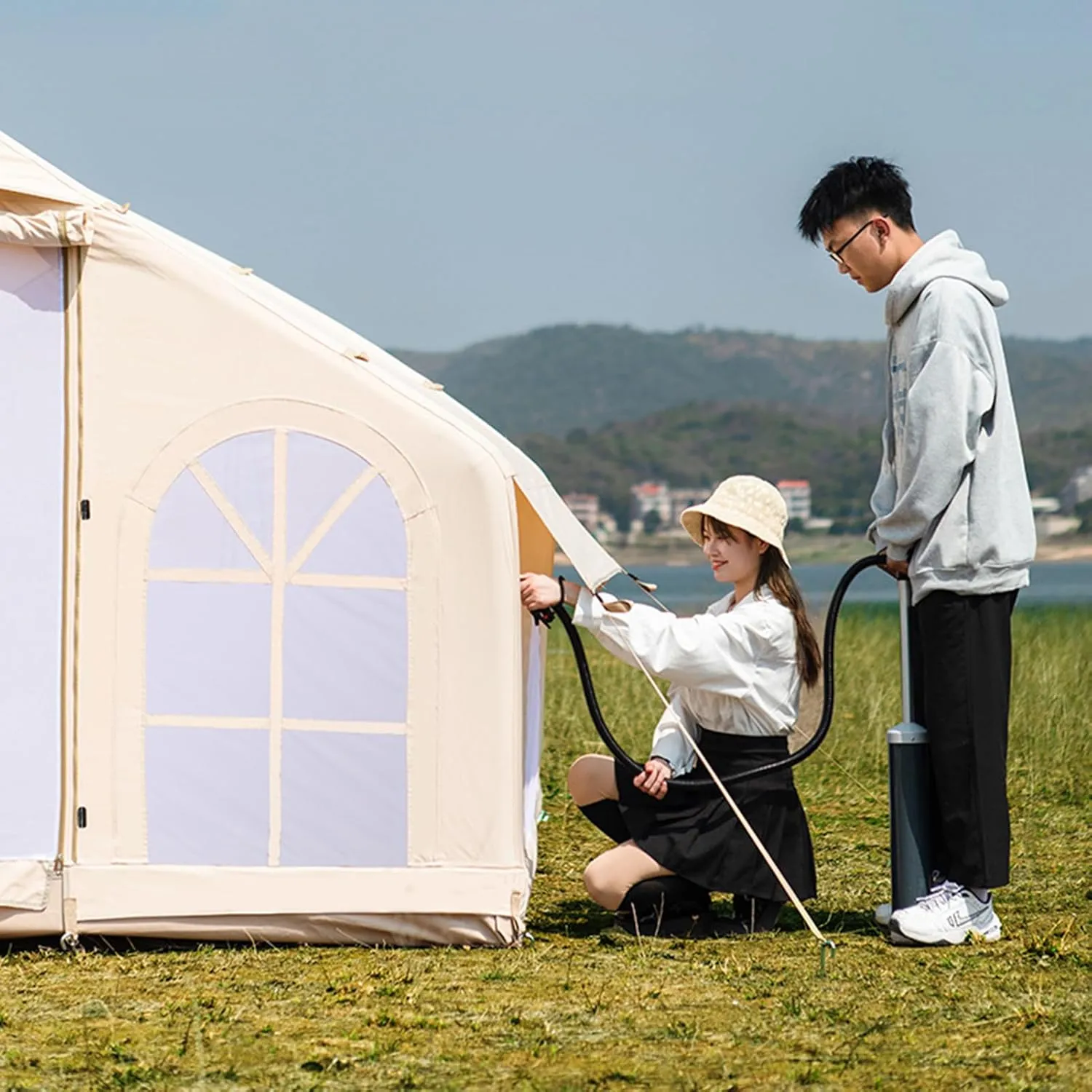 Luxury Inflatable Camping Tent House 5-8 Person with Mesh Windows & Doors Hot Tent with Stove Jack - 4 Season Family Glamping Tents - Air Blow Up Tent Cabin