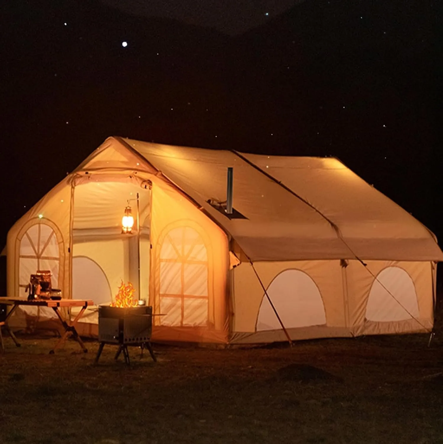Luxury Inflatable Camping Tent House 5-8 Person with Mesh Windows & Doors Hot Tent with Stove Jack - 4 Season Family Glamping Tents - Air Blow Up Tent Cabin