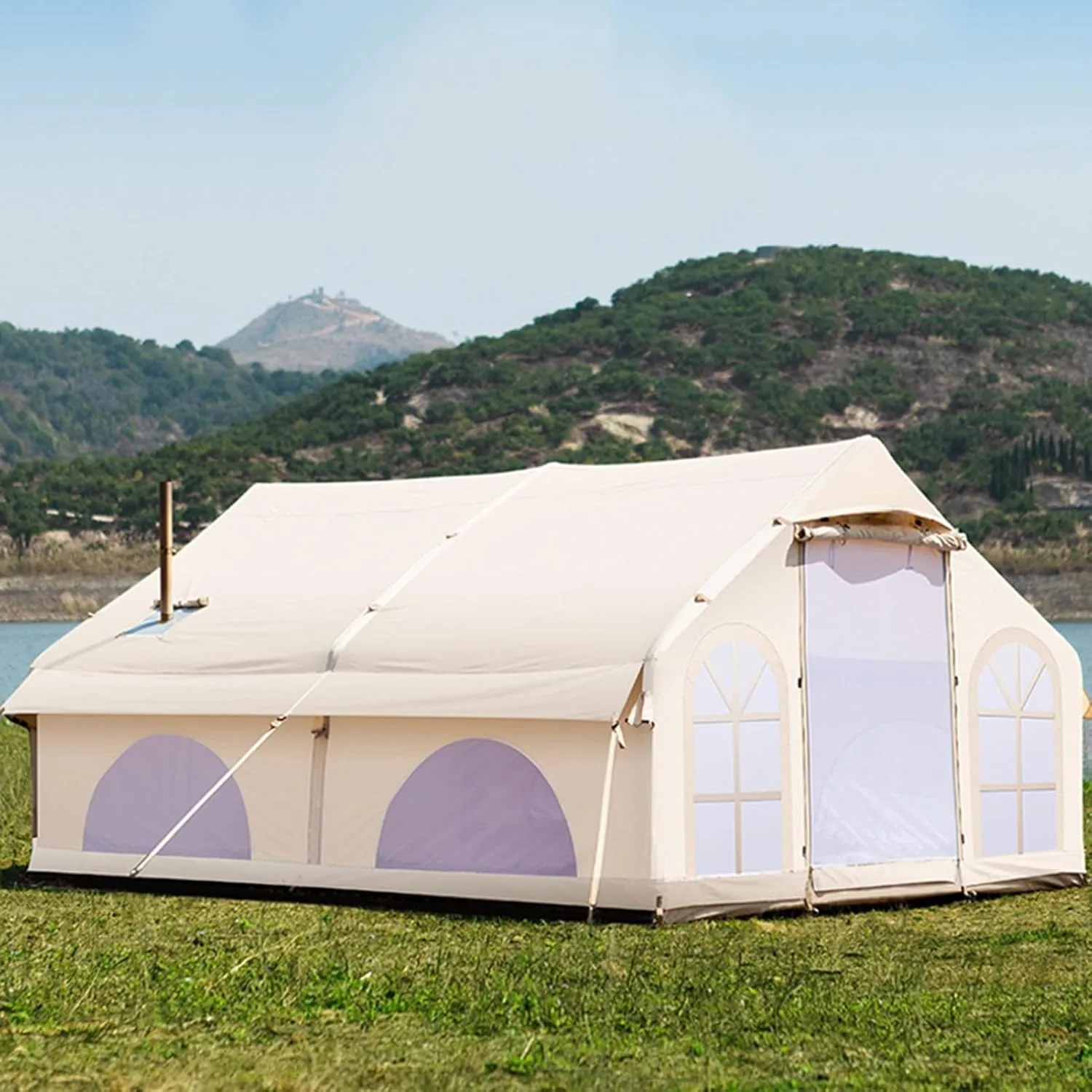 Luxury Inflatable Camping Tent House 5-8 Person with Mesh Windows & Doors Hot Tent with Stove Jack - 4 Season Family Glamping Tents - Air Blow Up Tent Cabin