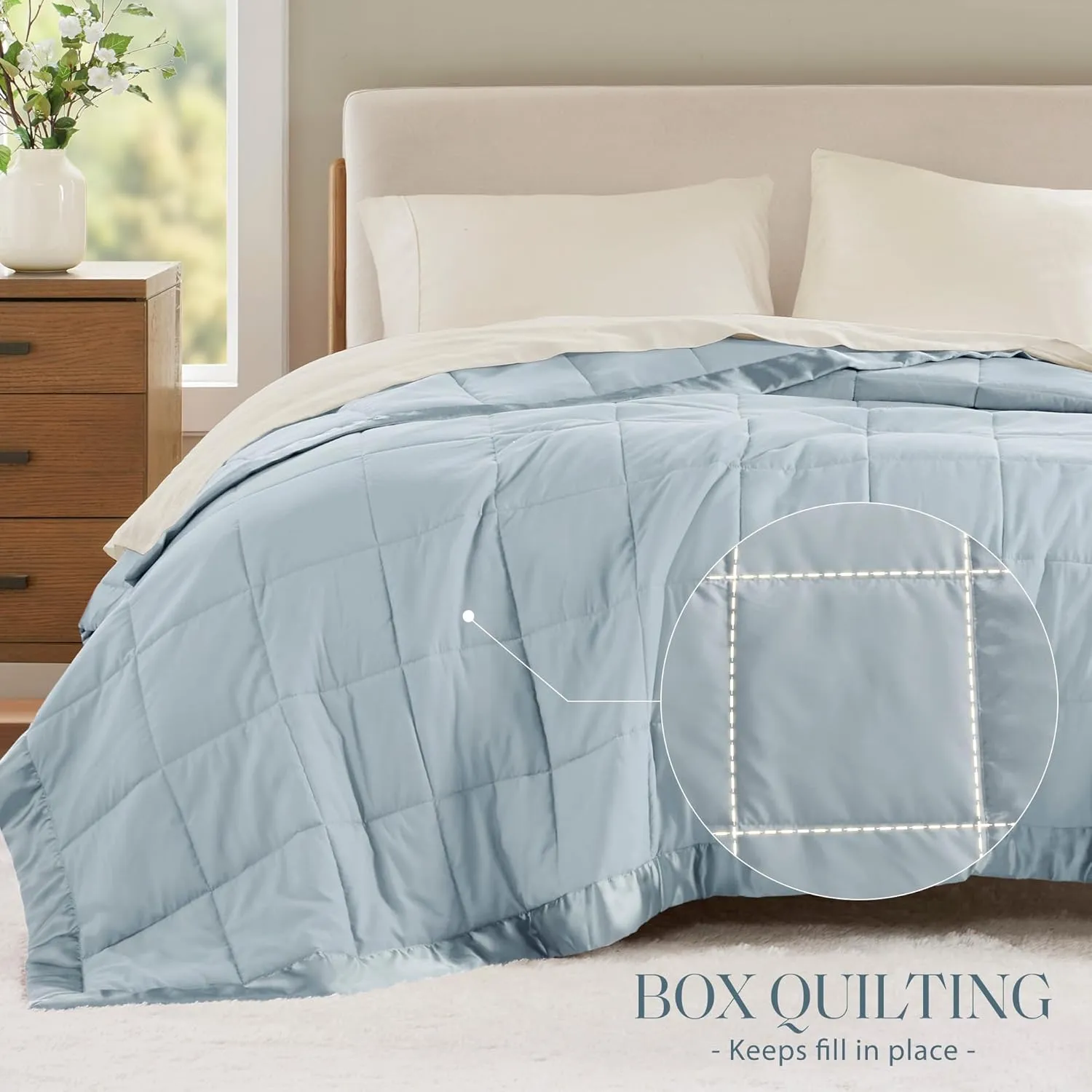 Madison Park Windom Down Alternative Blanket, Premium 3M Scotchgard Moisture Wicking Treatment, Lightweight and Soft Bed Cover For All Season, Satin Trim, Blue Full/Queen