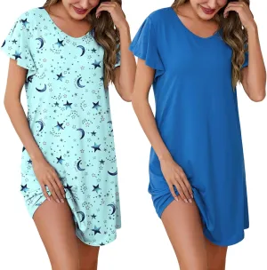 Marvmys 2 Pack Nightgowns for Women Short Sleeve Night Shirts V Neck Sleepwear Night Gown Loungewear S-3XL