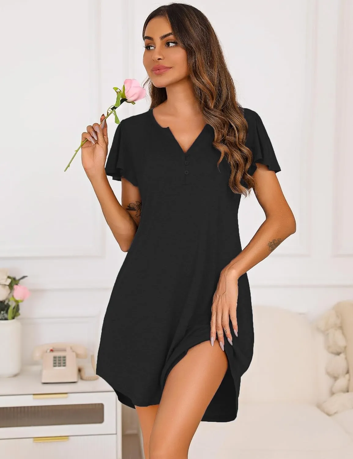 Marvmys Women's Nightgown Short Sleeve Sleepshirt Henley V Neck Nightshirt Sleepwear with Pockets