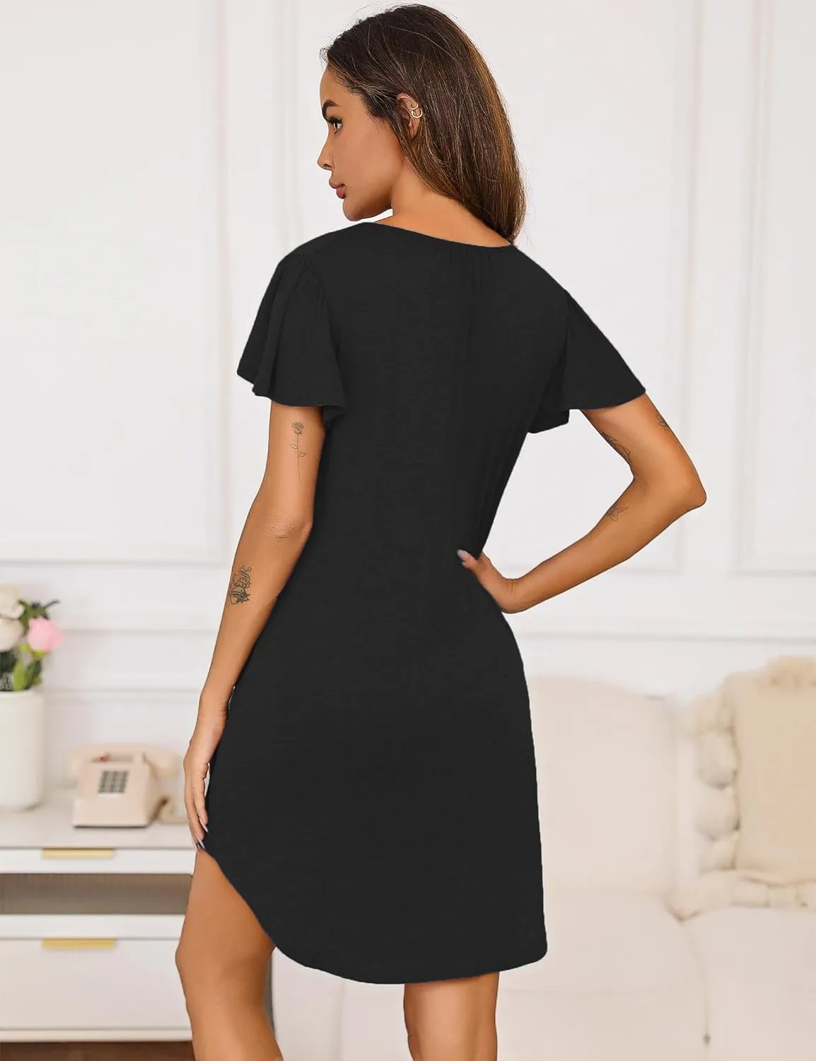 Marvmys Women's Nightgown Short Sleeve Sleepshirt Henley V Neck Nightshirt Sleepwear with Pockets