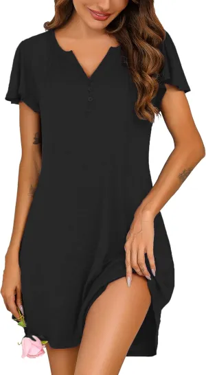 Marvmys Women's Nightgown Short Sleeve Sleepshirt Henley V Neck Nightshirt Sleepwear with Pockets
