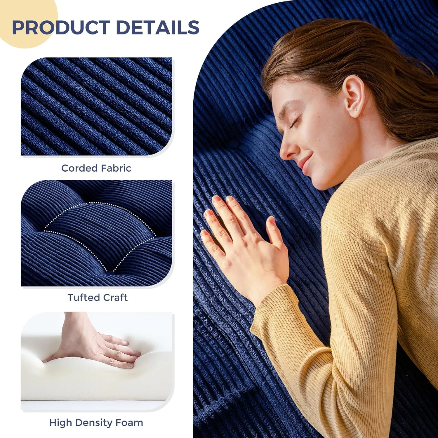 MAXYOYO Tri-Fold Mattress, 6 Inch Tufted Folding Mattress Full Foam Bed, Foldable Floor Mattress Guest Bed Mattress Topper Portable Camping Sleeping Bed with Corded Fabric, Navy, 53"x75"
