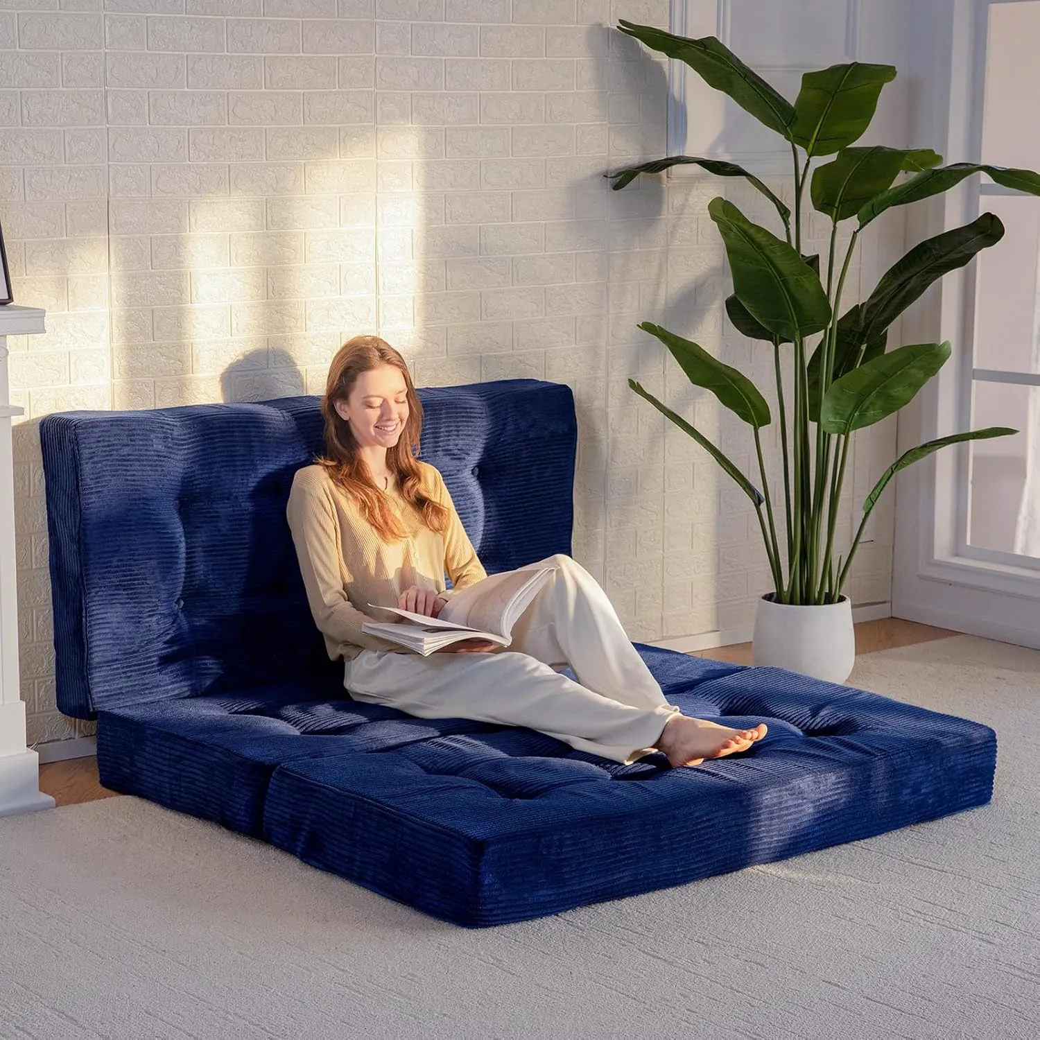 MAXYOYO Tri-Fold Mattress, 6 Inch Tufted Folding Mattress Full Foam Bed, Foldable Floor Mattress Guest Bed Mattress Topper Portable Camping Sleeping Bed with Corded Fabric, Navy, 53"x75"