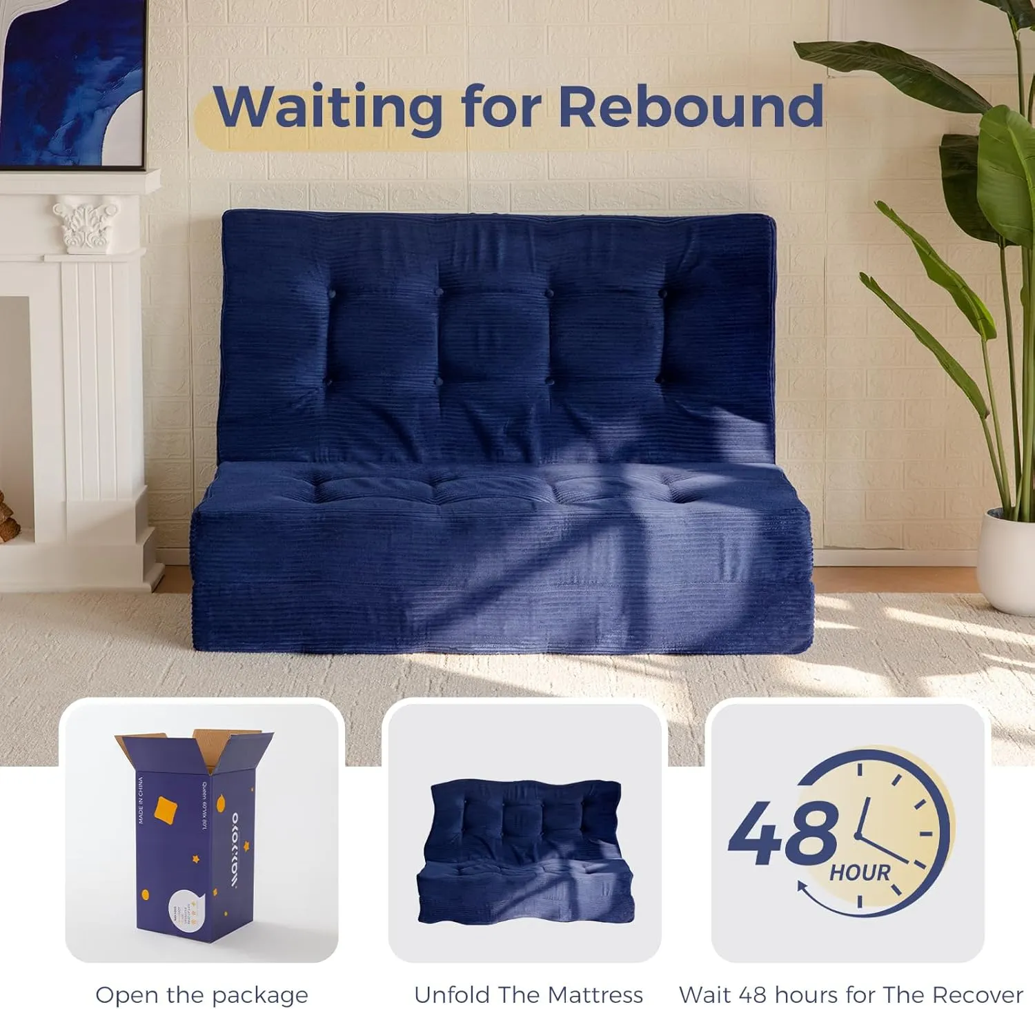 MAXYOYO Tri-Fold Mattress, 6 Inch Tufted Folding Mattress Full Foam Bed, Foldable Floor Mattress Guest Bed Mattress Topper Portable Camping Sleeping Bed with Corded Fabric, Navy, 53"x75"