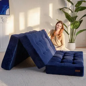 MAXYOYO Tri-Fold Mattress, 6 Inch Tufted Folding Mattress Full Foam Bed, Foldable Floor Mattress Guest Bed Mattress Topper Portable Camping Sleeping Bed with Corded Fabric, Navy, 53"x75"