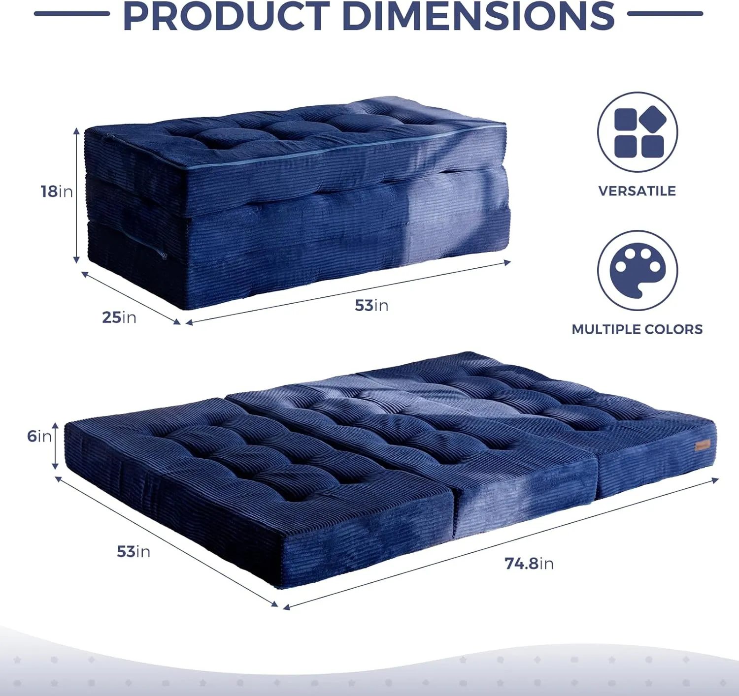 MAXYOYO Tri-Fold Mattress, 6 Inch Tufted Folding Mattress Full Foam Bed, Foldable Floor Mattress Guest Bed Mattress Topper Portable Camping Sleeping Bed with Corded Fabric, Navy, 53"x75"
