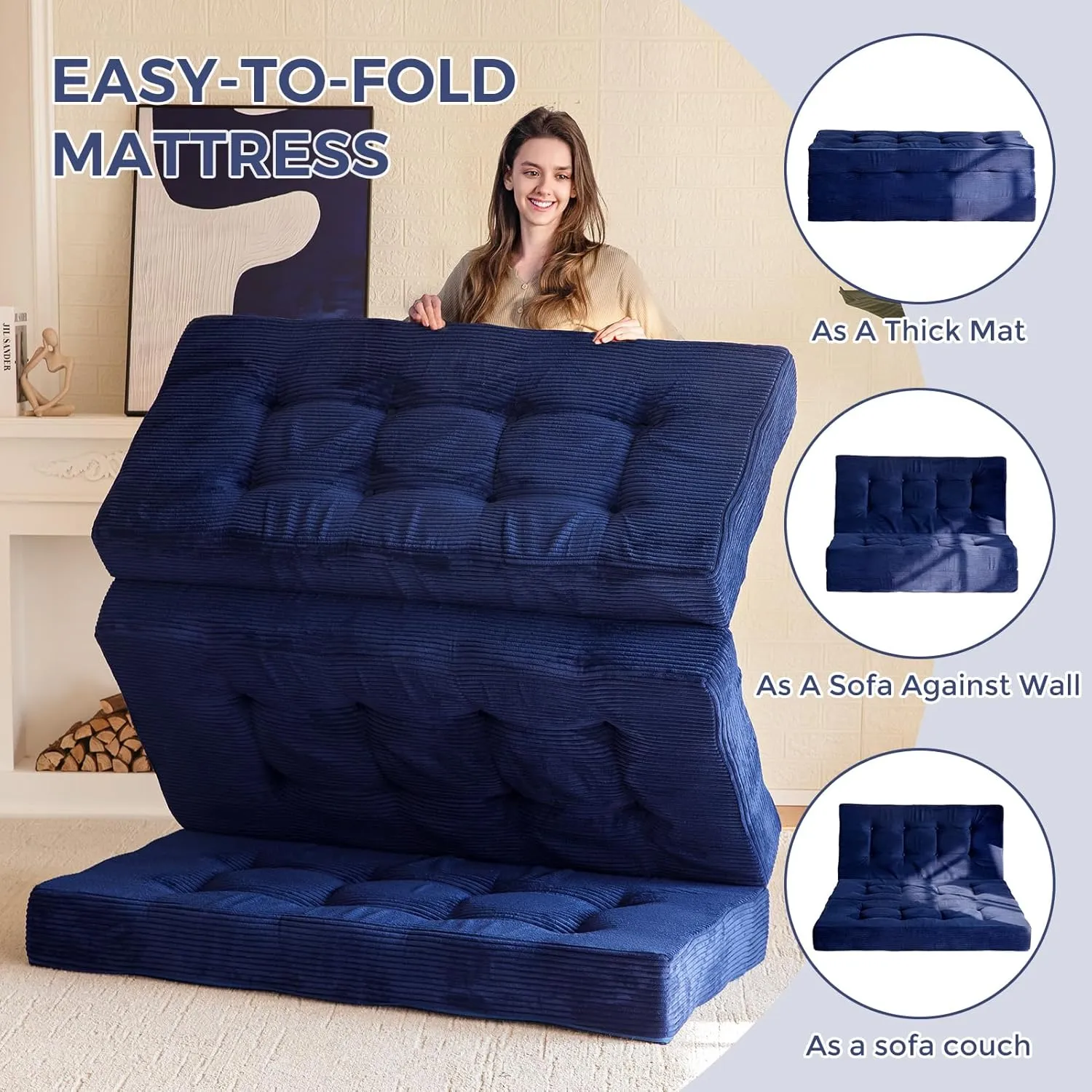 MAXYOYO Tri-Fold Mattress, 6 Inch Tufted Folding Mattress Full Foam Bed, Foldable Floor Mattress Guest Bed Mattress Topper Portable Camping Sleeping Bed with Corded Fabric, Navy, 53"x75"