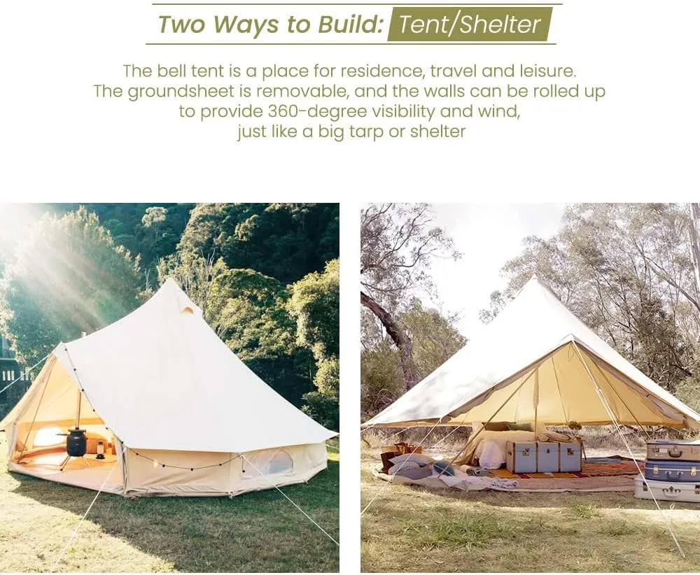 MC TOMOUNT Canvas Tent Bell Tent Yurt with Stove Jack Zipped Removable Floor for Glamping Truck Car Camping