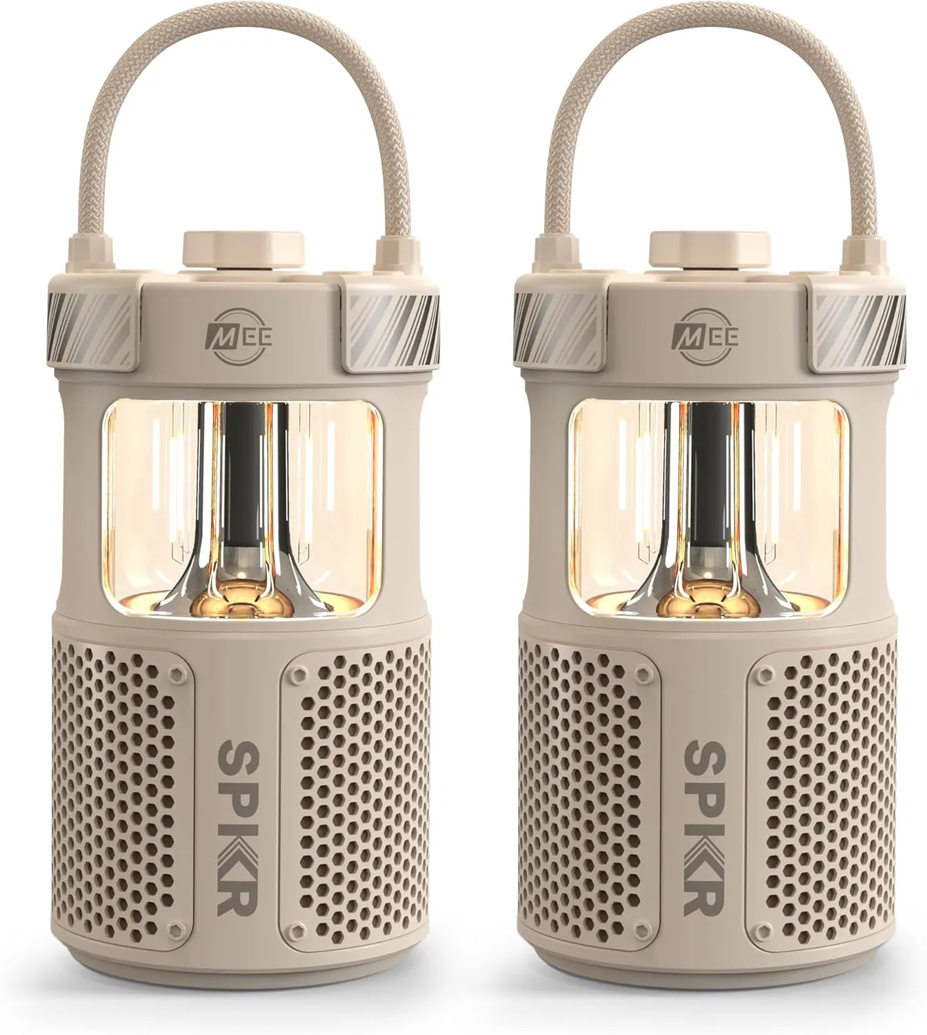 MEE audio lightSPKR 2 Pack Bluetooth Wireless Speaker with Camping Lantern: 360° Audio, IPX6 Waterproof & Infinite Brightness Adjustment for Camping/Yard/Patio/Porch, Desert Sand