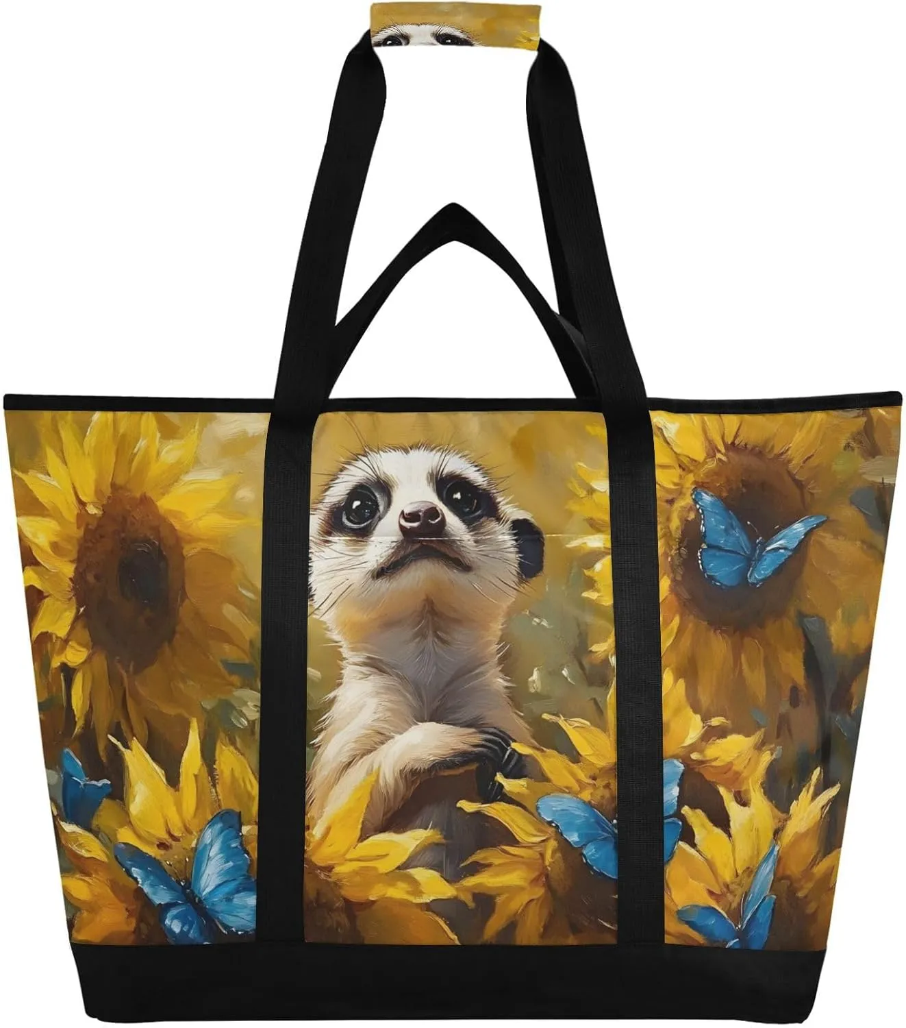 Meerkat Sunflower Butterfly Large Insulated Reusable Tote Bag for Grocery Shopping for Women Men, Cooler Bag with Zippered Top & Handles for Travel Beach Picnic