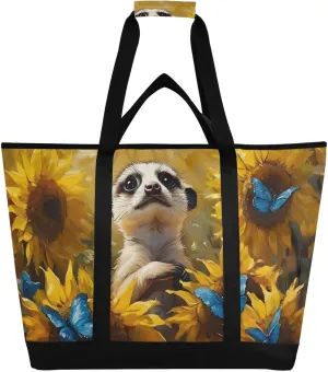 Meerkat Sunflower Butterfly Large Insulated Reusable Tote Bag for Grocery Shopping for Women Men, Cooler Bag with Zippered Top & Handles for Travel Beach Picnic