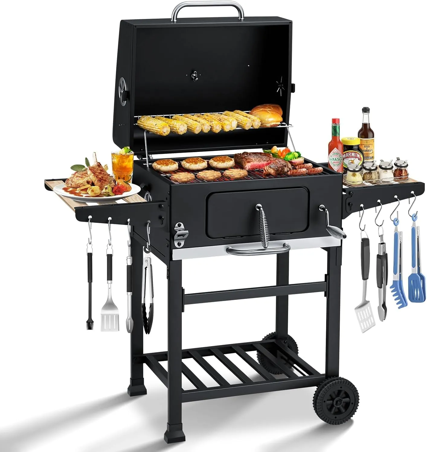 MELLCOM Charcoal Grill with Wood Foldable Side Table - Oversize BBQ Area with Individual Lifting Charcoal Trays & Thermometer, Charcoal Grill for Outdoor, Picnic